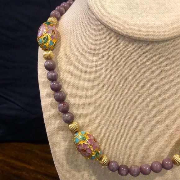 Vintage Amethyst Beads and Gold Floral Cloisonné Enamel Beaded Necklace - Picture 2 of 12